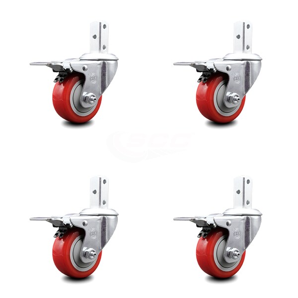 3 Inch Red Poly Wheel Swivel 3/4 Inch Square Stem Caster Set Total Lock Brake